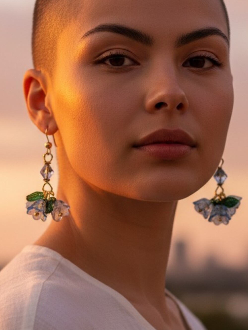 Handcrafted Blue Glass Flower Drop Earrings with Green Leaves - Picture 4 of 4